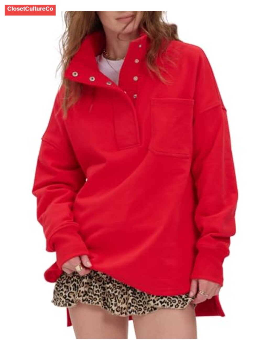 Oversized Henley Neck Snap Button Sweatshirt Side Slit Pullover